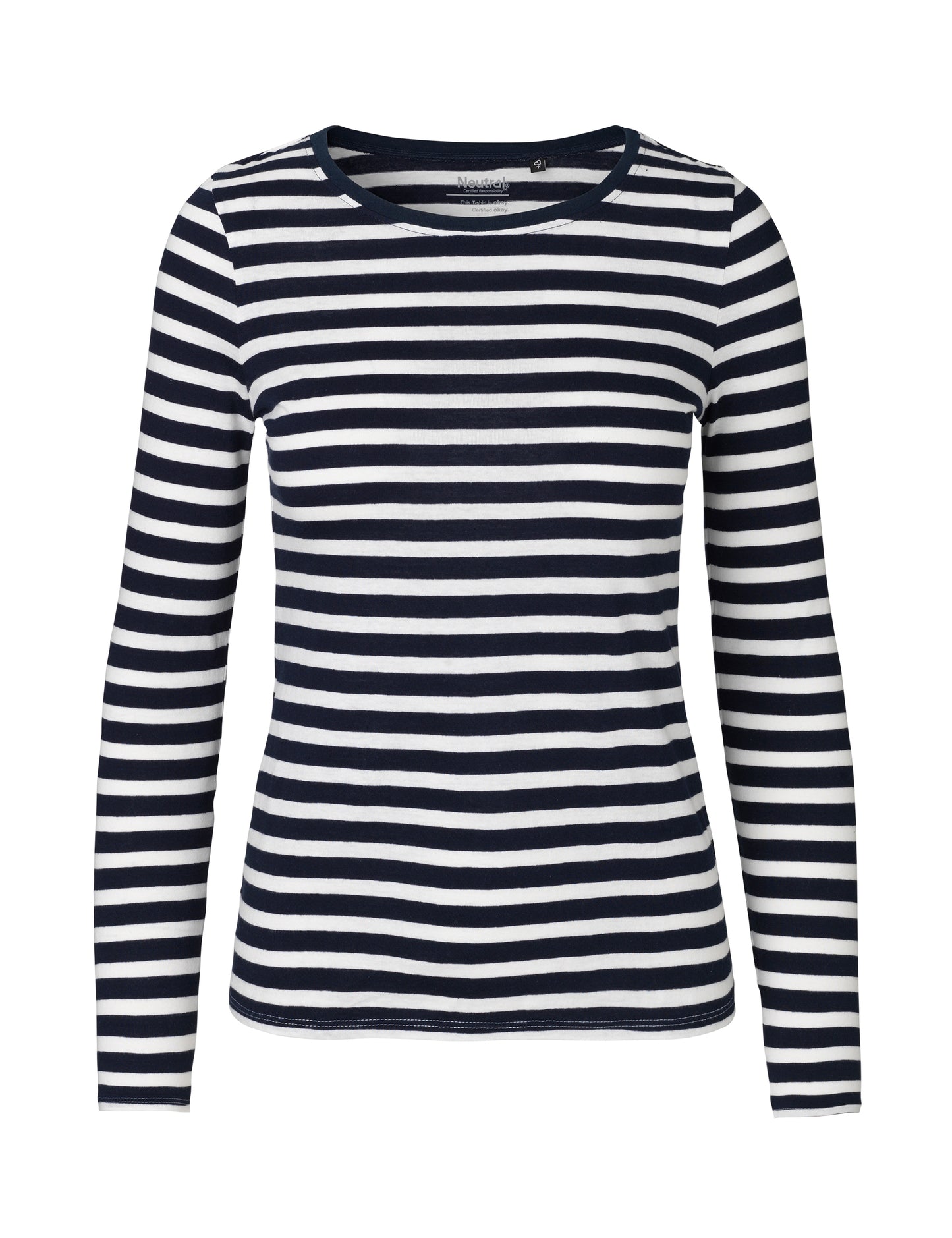 Ladies' Long Sleeve T-Shirt - White - Navy (Striped)